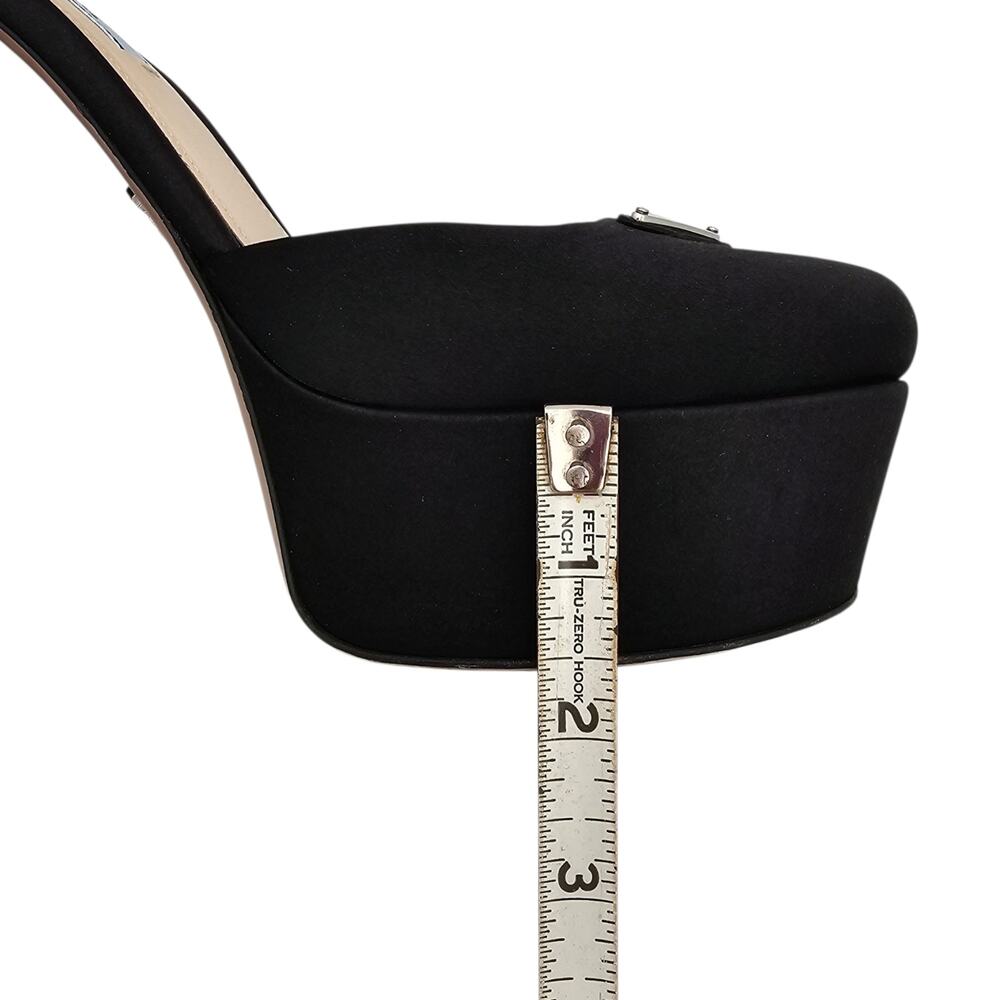 Prada Black Satin Platform Block Heel Pump Logo Ankle Strap Silver Size 39.5 9.5 - Picture 9 of 12